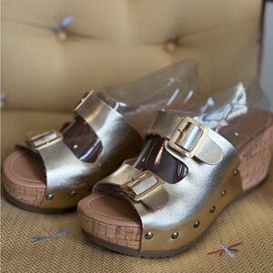 Elegant Gold Wedge Sandals with Buckle Straps